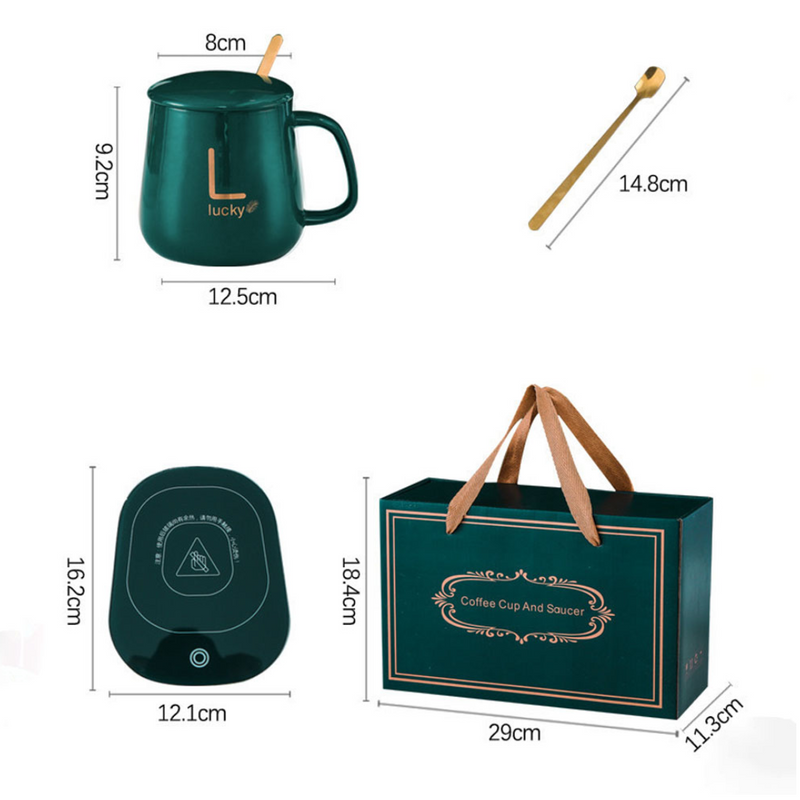 Set Cana Din Ceramica Cu Autoincalzire | Pad Incalzitor Prin Inductie | Cu Lingurita Si Capac | Mentine Temperatura La 55°C