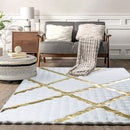 Covor Premium Blana Artificiala 3D Bubble 120x180cm - Design Alb cu Dungi Aurii
