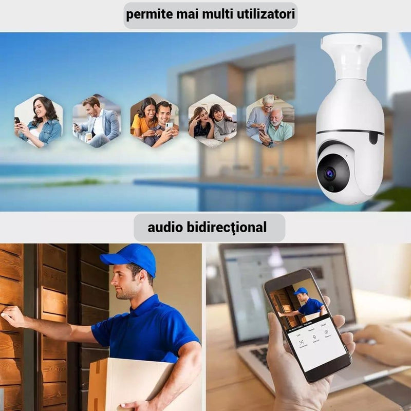 Camera WiFi Tip Bec 355° Full HD cu Unghi Panoramic, Senzor de Mișcare și Funcție Audio Bidirecțională