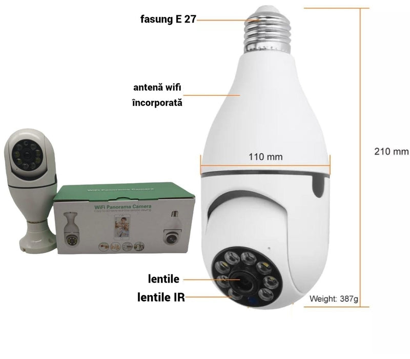 Camera WiFi Tip Bec 355° Full HD cu Unghi Panoramic, Senzor de Mișcare și Funcție Audio Bidirecțională