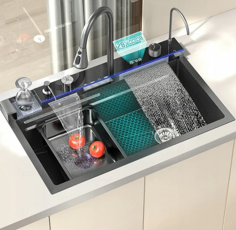 Chiuveta multifunctionala cu 2 cascade cu accesorii incluse, afisaj digital a temperaturii si robinet cascada