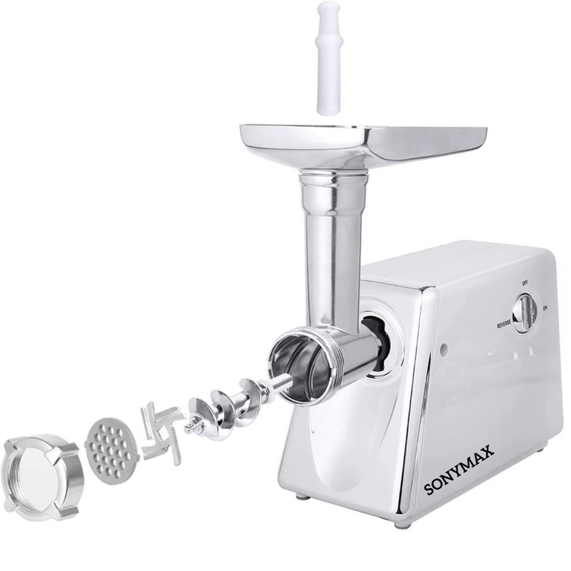 Masina de tocat carne electrica 2200W, inox, functie Reverse, accesorii carnati si kebbe, SonyMax, Garantie 2 ani