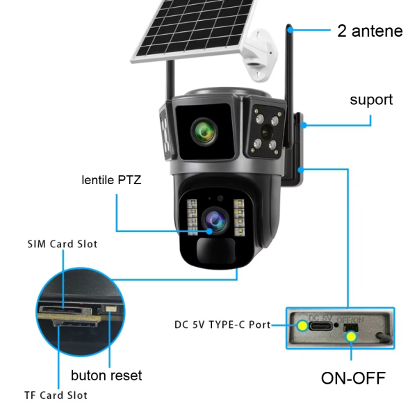 Camera Supraveghere cu Panou Solar, Conexiune 4G, Vedere Nocturnă Color, Card Memorie 32GB Cadou