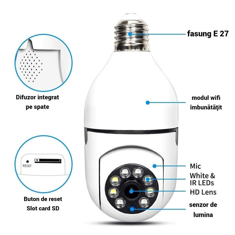 Set 2 Camere Supraveghere WiFi Tip Bec 355° Full HD cu Unghi Panoramic, Senzor de Miscare si Functie Audio Bidirectionala