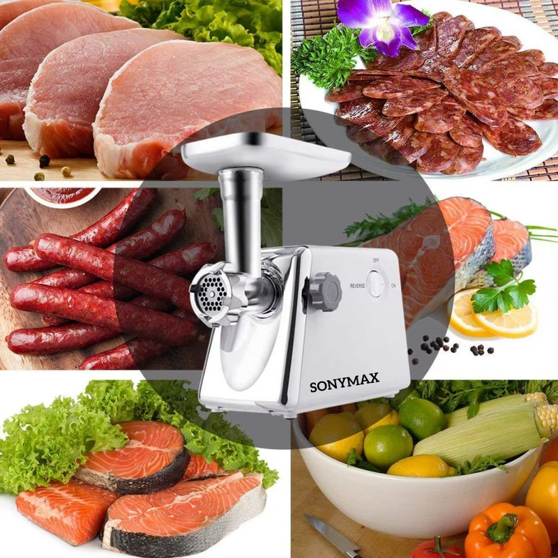 Masina de tocat carne electrica 2200W, inox, functie Reverse, accesorii carnati si kebbe, SonyMax, Garantie 2 ani