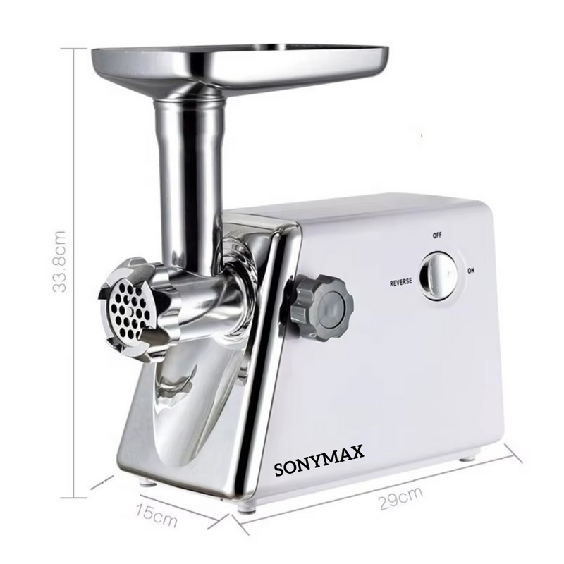 Masina de tocat carne electrica 2200W, inox, functie Reverse, accesorii carnati si kebbe, SonyMax, Garantie 2 ani