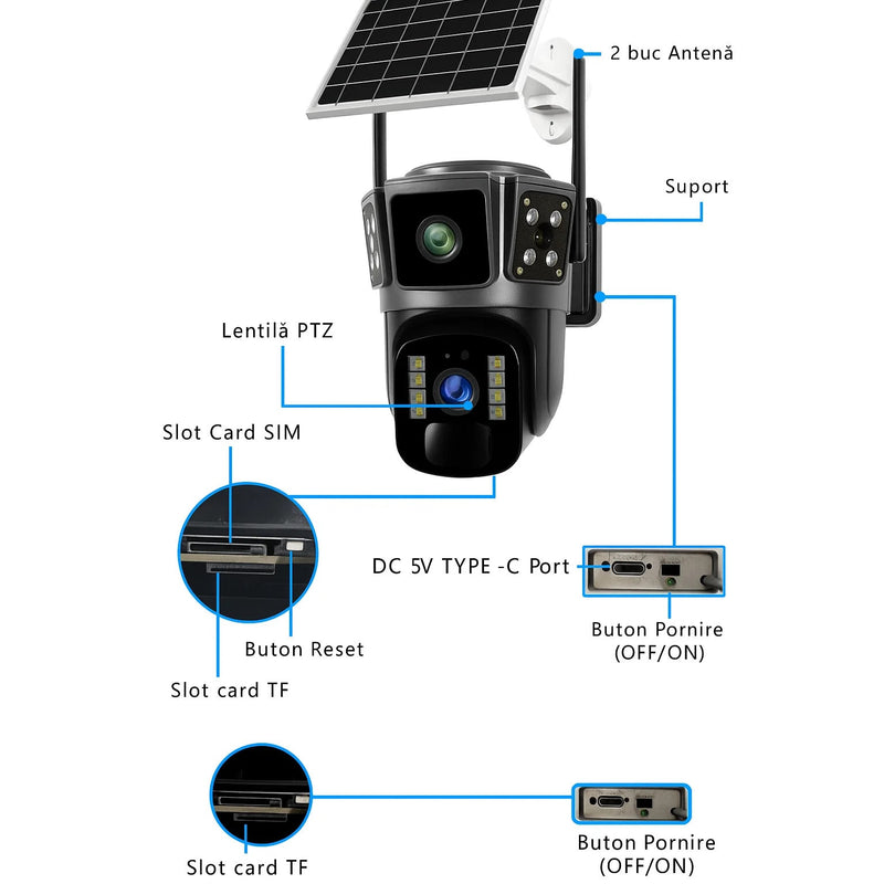 Camera Supraveghere cu Panou Solar, Conexiune 4G, Vedere Nocturnă Color, Card Memorie 32GB Cadou