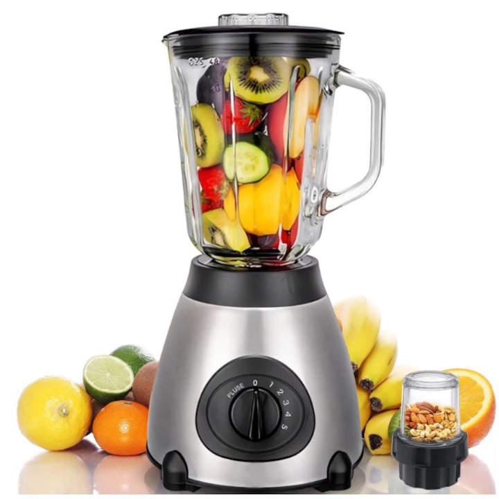 Blender Electric 2 in 1 Cu Rasnita | 1.5L | 650W | 5 Viteze + Functie Pulse | Lame Inox | Mixare, Smoothie, Maruntire Gheata