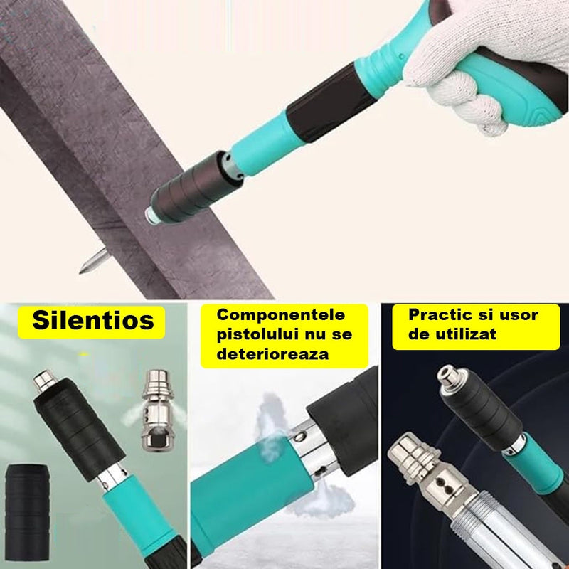 Kit Pistol Manual Pentru Fixare Cuie Si Nituri | Pneumatic | 30 cm | Calibru 7.3 cm | Ochelari Protectie + Cutie Transport | Albastru